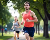 A man and a woman running in a park wearing running shorts