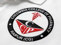 Embroidered institution crest stitched on a red polo, showing clean lettering and dense thread work