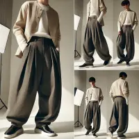 A photoshoot of a model wearing loose fitting baggy style trousers