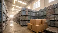 Racking in a Tiruppur garment warehouse filled with colour-sorted plain polo blanks in polybags, with sealed cartons ready for dispatch in the foreground