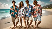 A group of models posing at the beach wearing oversized shirts
