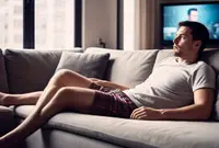 A photo of a man wearing comfortable t shirts and boxer shorts chilling in the living room