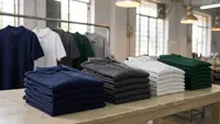 Freshly finished corporate polo t-shirts in navy, charcoal, white and green folded into neat stacks on an inspection table in a garment unit