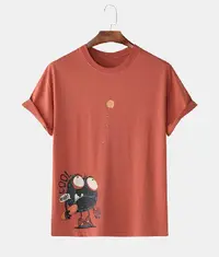 A brick red colour classic crew neck t shirt on a hanger