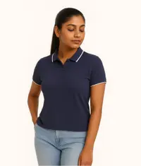 A woman wearing a semi formal premium looking cotton polo t shirt