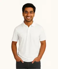 A man wearing a semi formal recycled cotton polo t shirt